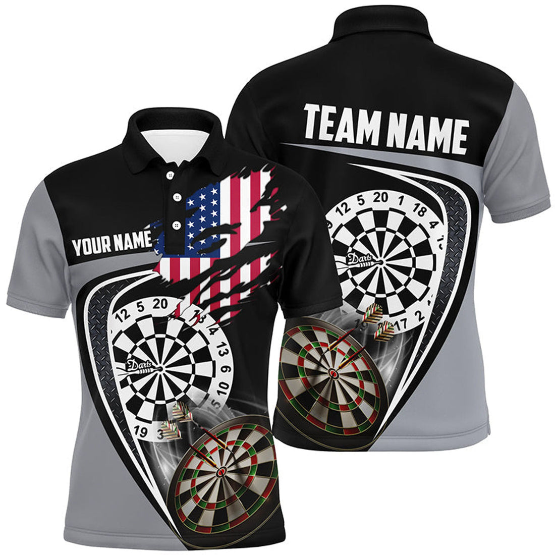 Custom Black Grey American Flag Patriotic Dart Jersey Men's Polo Shirt S-5XL