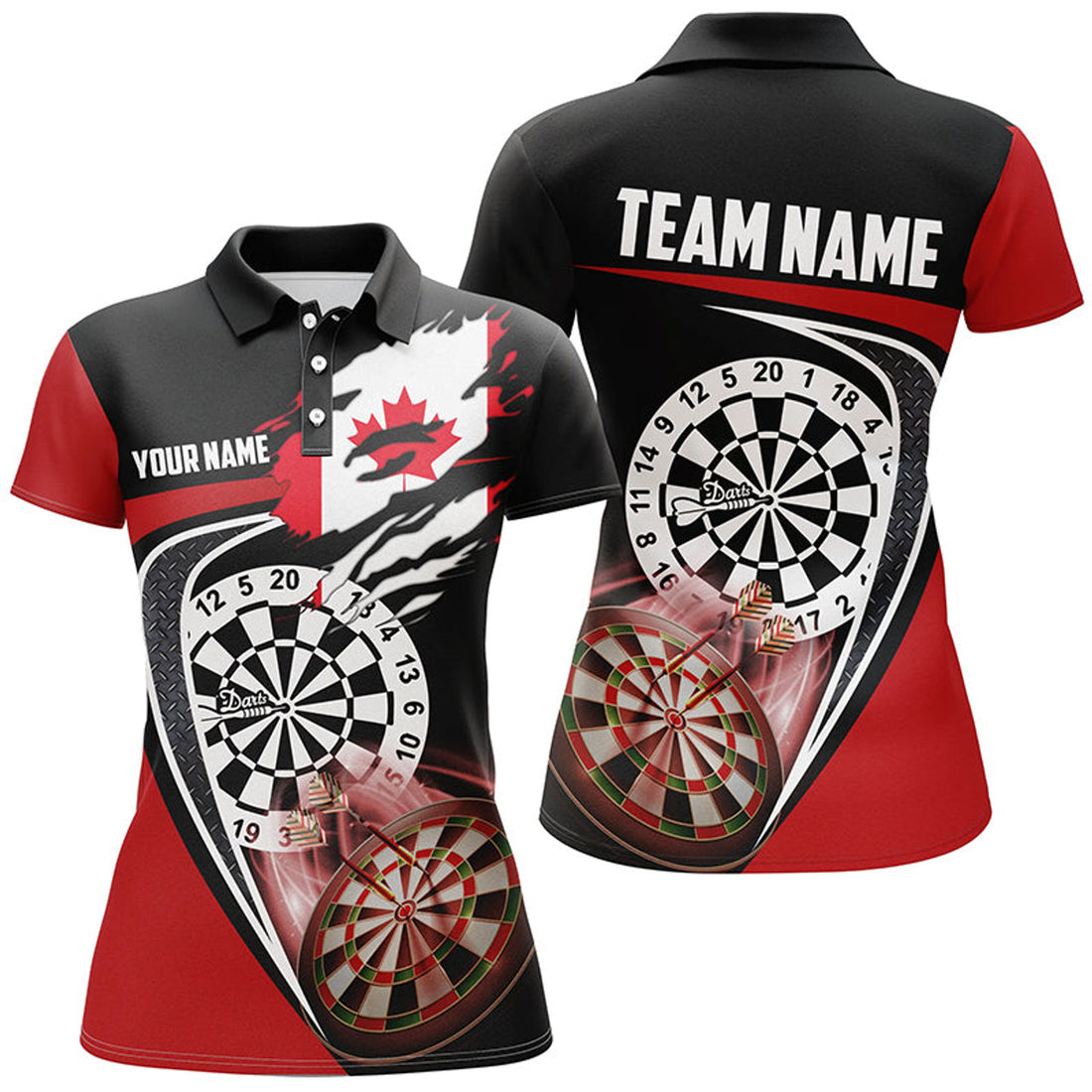 Custom Black Red Canadian Flag Dart Patriotic Design Women's Polo Shirts S-5XL