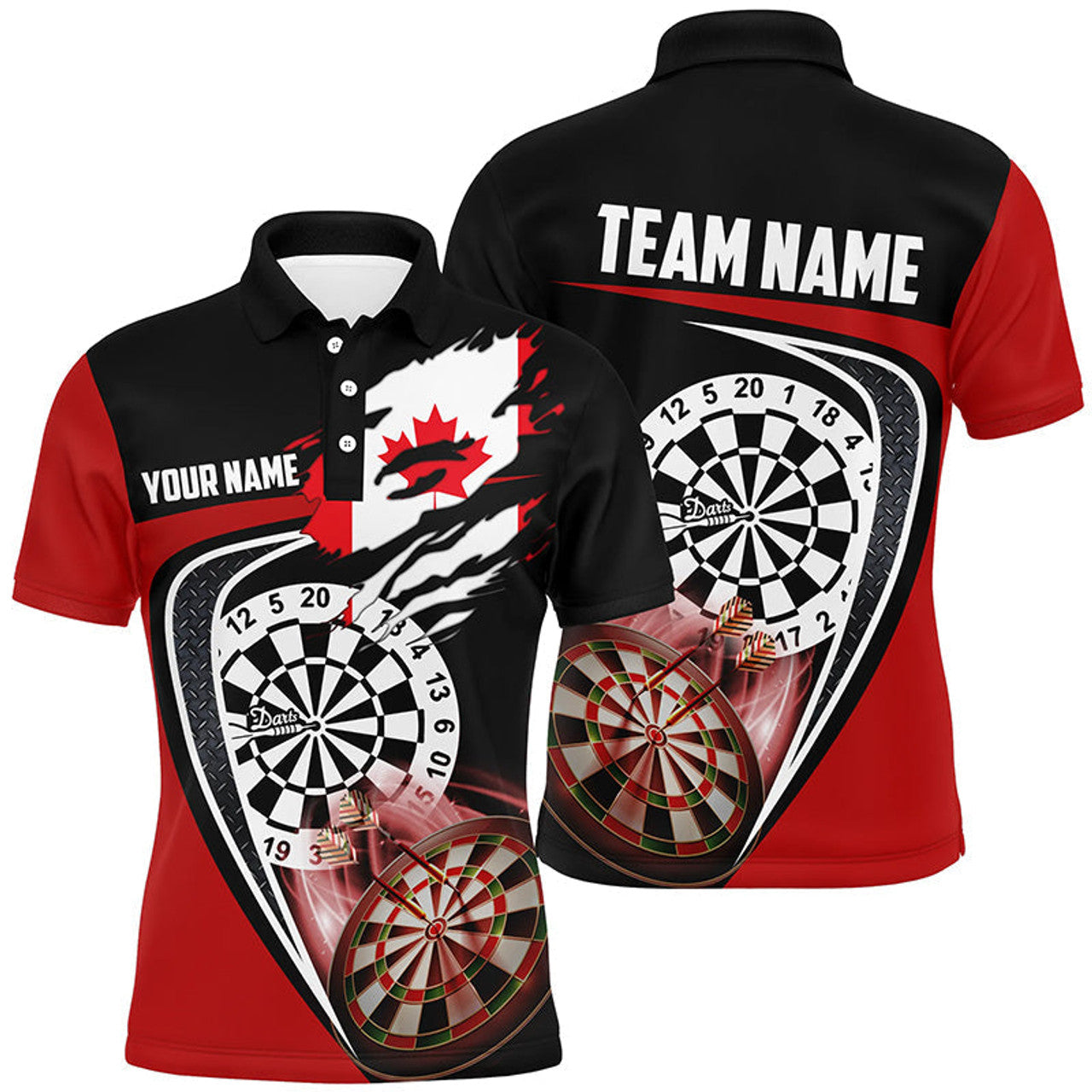 Custom Black Red Canadian Flag Patriotic Dart Jerseys Men's Polo Shirt S-5XL