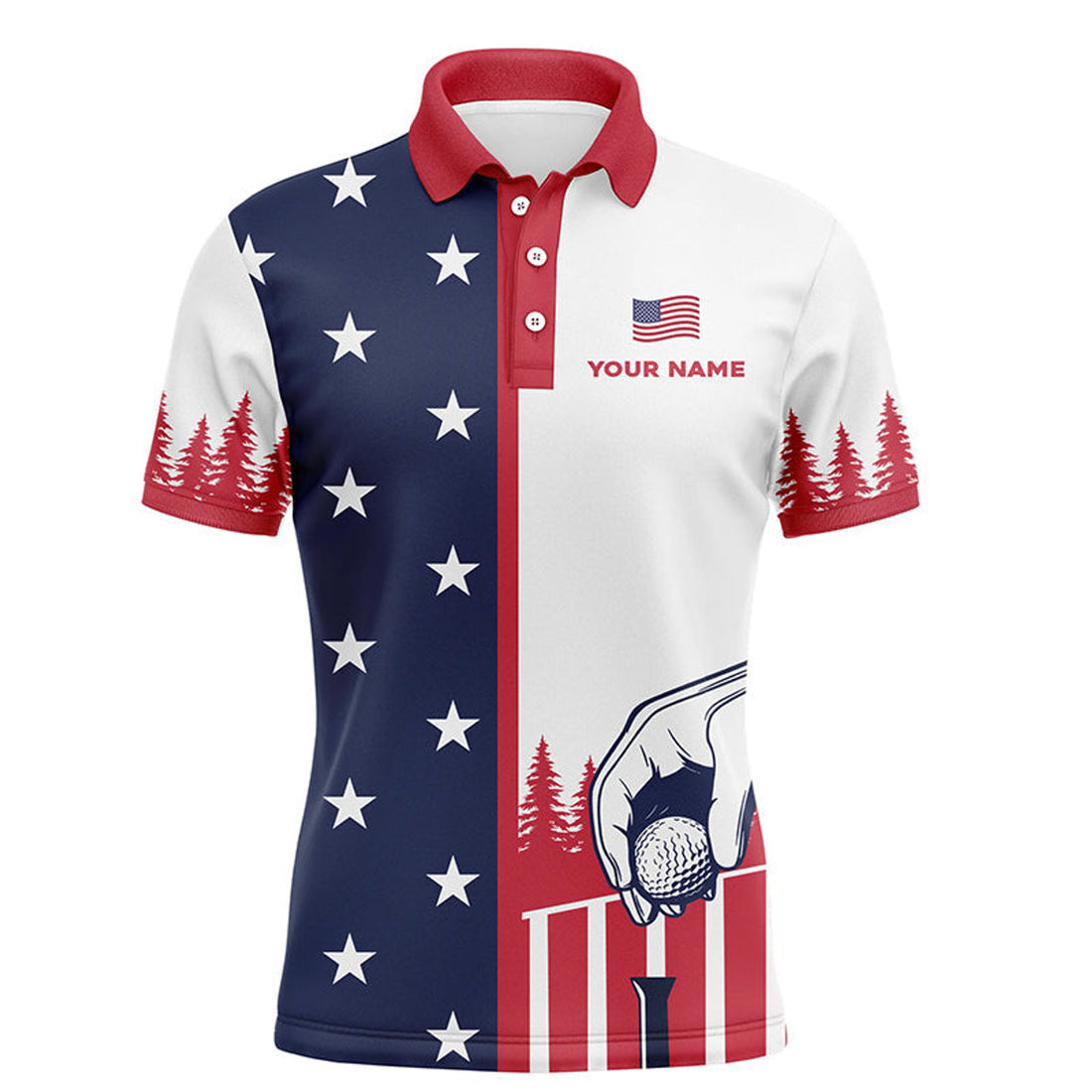 American Flag Custom Name Patriotic Golf Mens Polo Shirt S-5XL