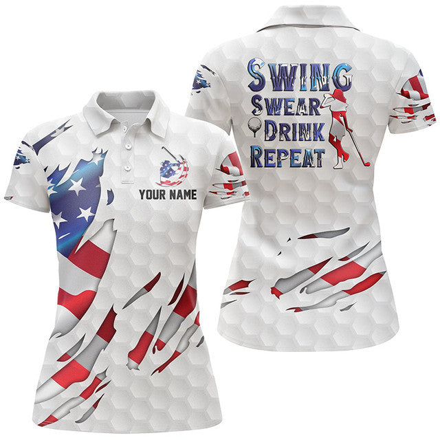 Custom Golf Shirt Swing Swear Drink Repeat American Flag Women's Polo Shirts S-5XL