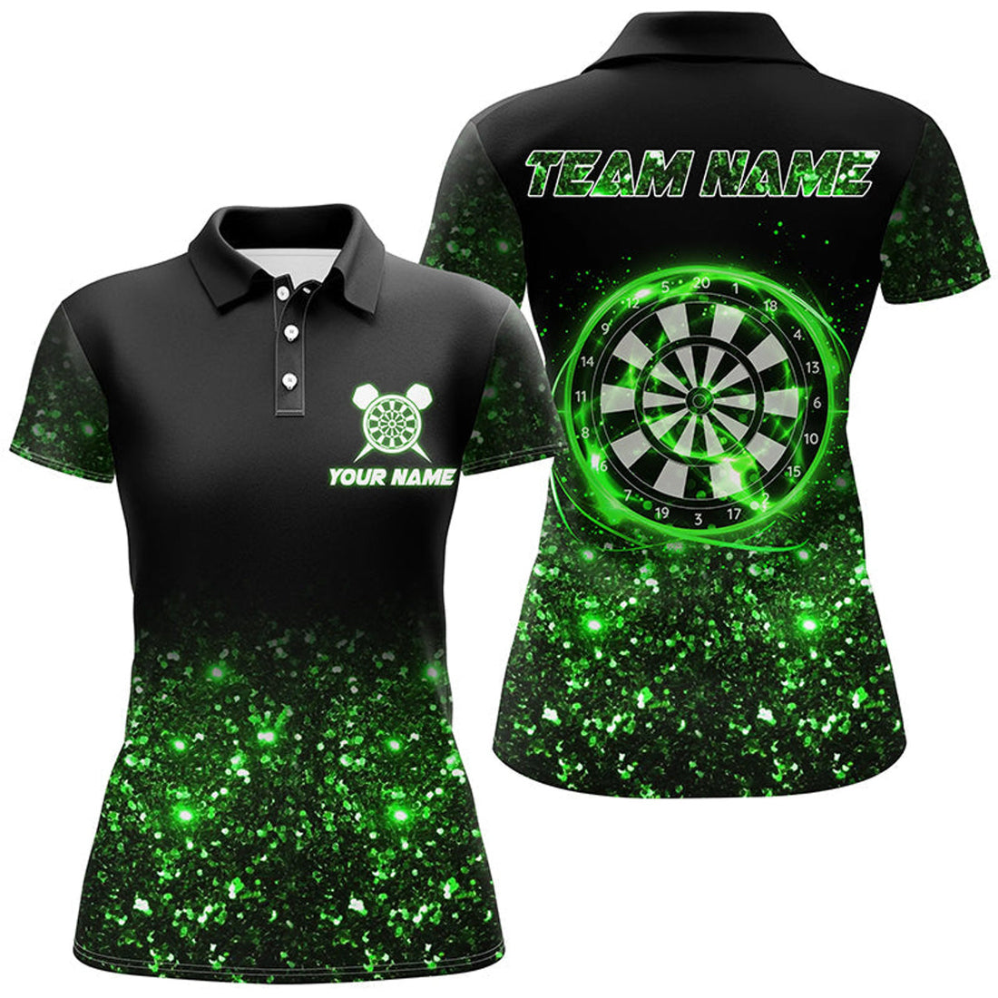 Custom Black Green Light Darts For Dart Team Women's Polo Shirt S-5XL