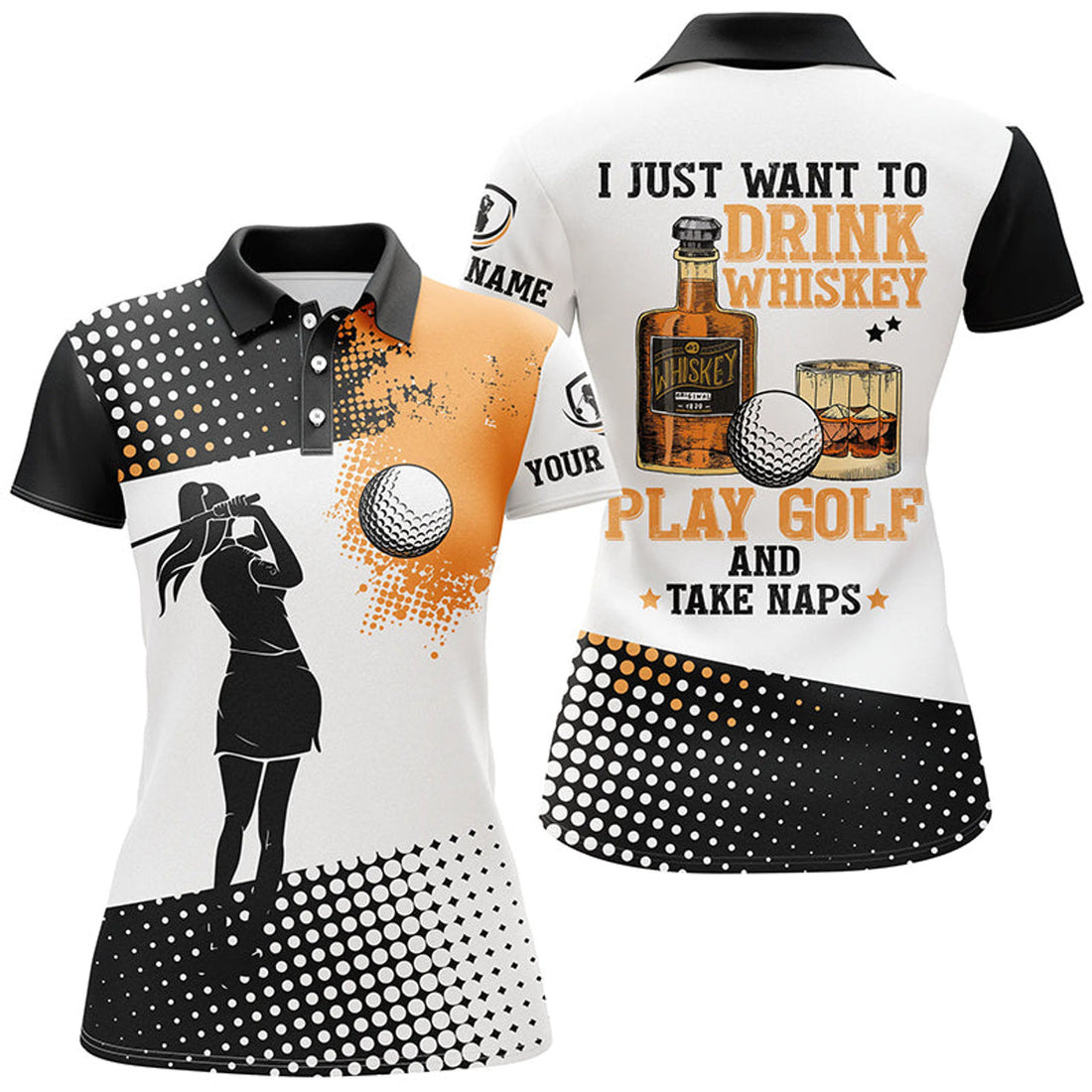 Custom Name I Want To Drink Whiskey And Play Golf Cool Gift Women's Polo Shirts S-5XL