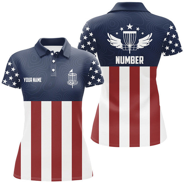 Custom Patriotic Course Disc Golf American Flag Design Women's Polo Shirts S-5XL