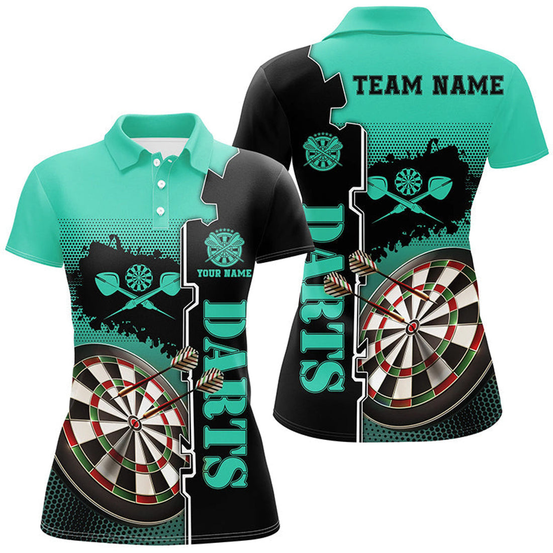 Custom Personalized Turquoise Black Darts Women's Polo Shirts S-5XL