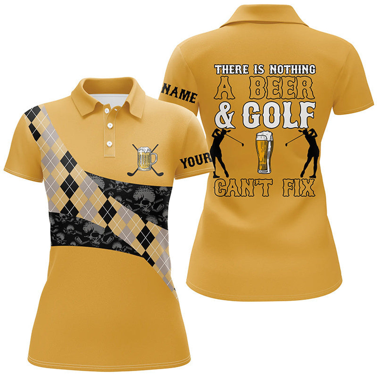 Custom Nothing Beer And Golf Cant Fix Yellow Argyle Skull Womens Polo Shirts S-5XL