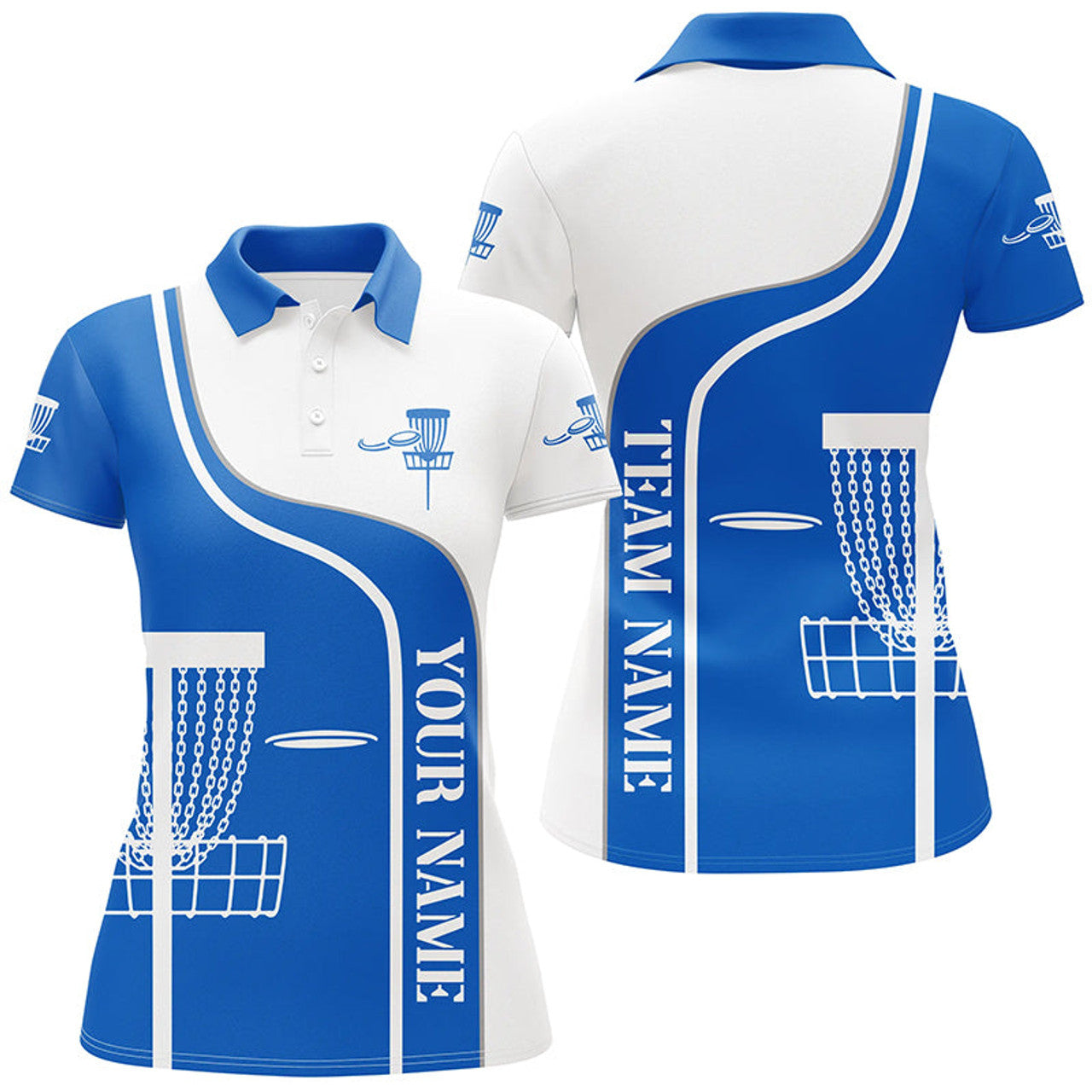 Custom Personalized Disc Golf Basket Blue White Women's Polo Shirts S-5XL