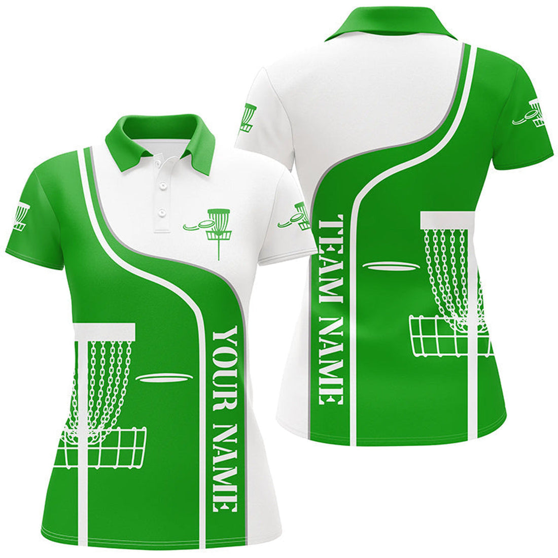 Custom Personalized Disc Golf Basket Green White Women's Polo Shirts S-5XL