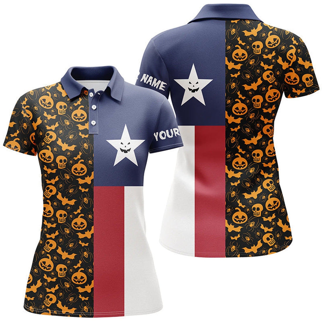 Custom Halloween Texas Flag Funny Golf Shirt Gift Women's Polo Shirts S-5XL
