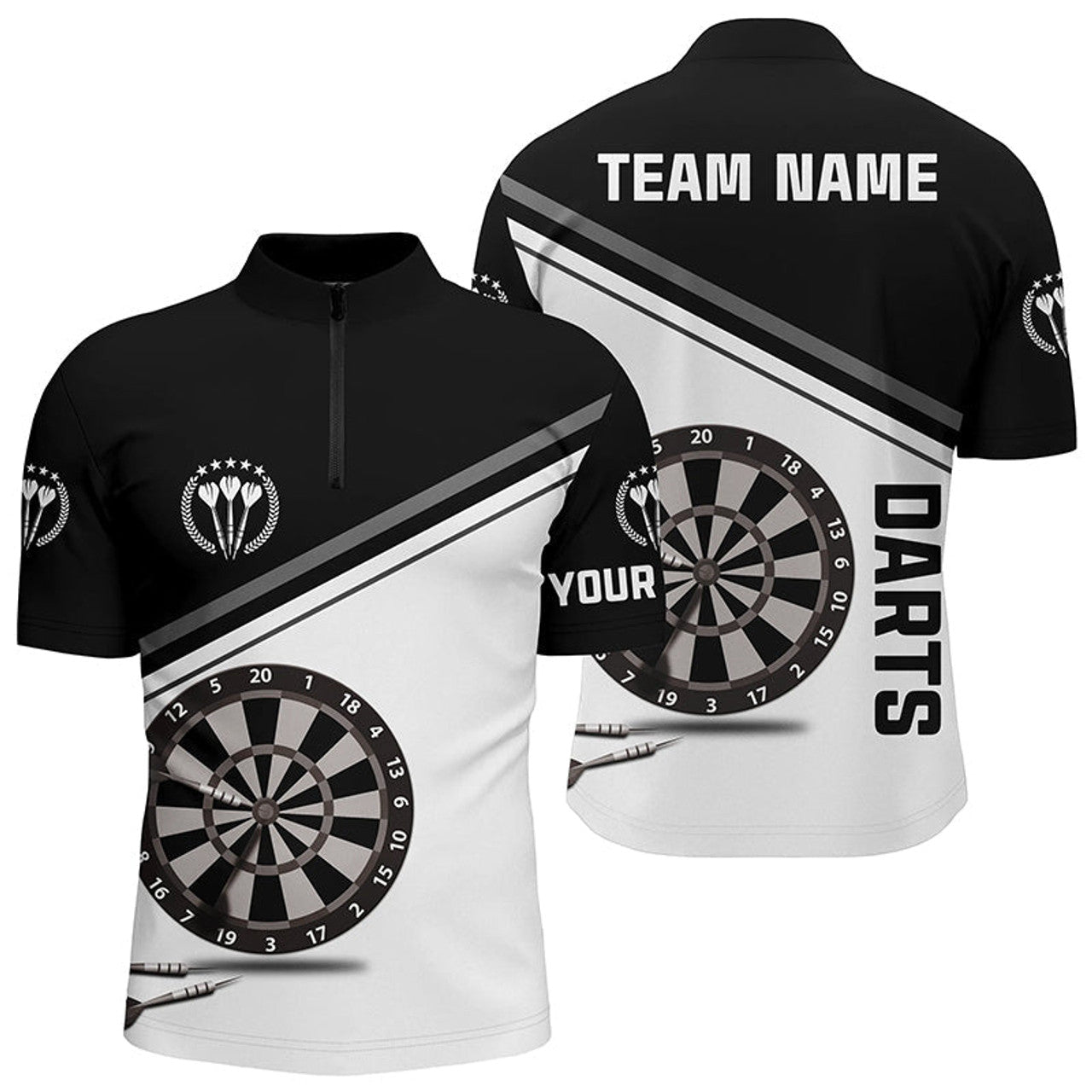 Custom Name Black White Darts Quarter Zip Dart Jersey Men's Polo Shirt S-5XL