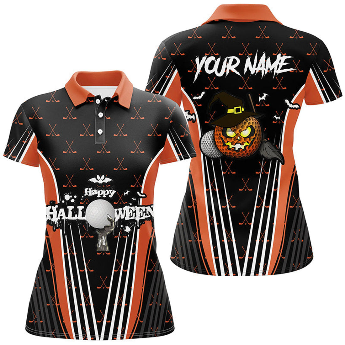 Custom Happy Halloween Golf Shirt Orange Black Crazy Gift Women's Polo Shirts S-5XL