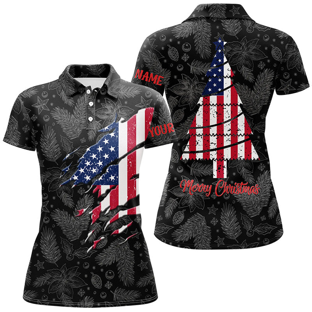 Custom Retro American Flag Christmas Golf Shirt Gift for Women's Polo Shirts S-5XL