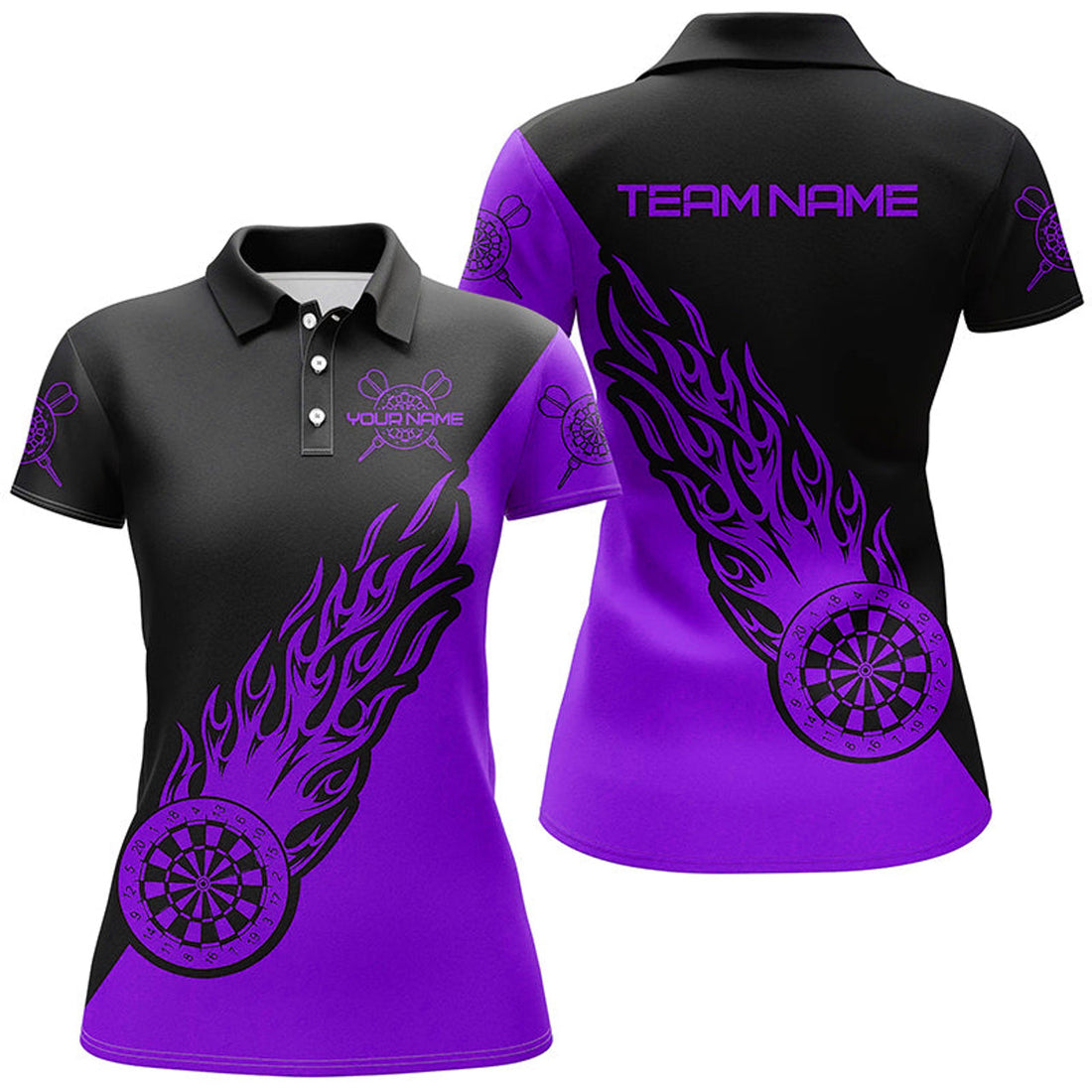 Custom Personalized Purple Black Flame Darts Women's Polo Shirt S-5XL