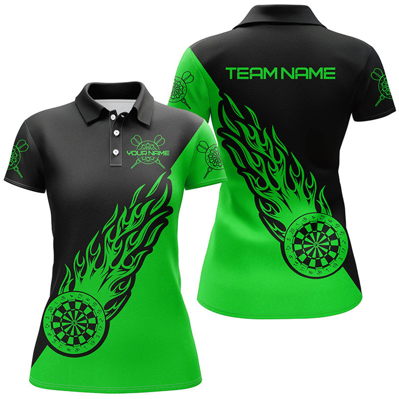 Custom Green Black Flame Darts Personalized Dart for Women's Polo Shirts S-5XL