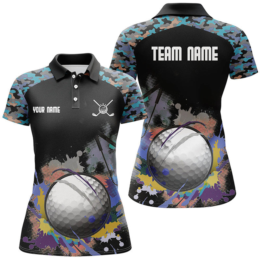 Custom Colorful Camouflage Wet Paint Golf Design Women's Polo Shirts S-5XL