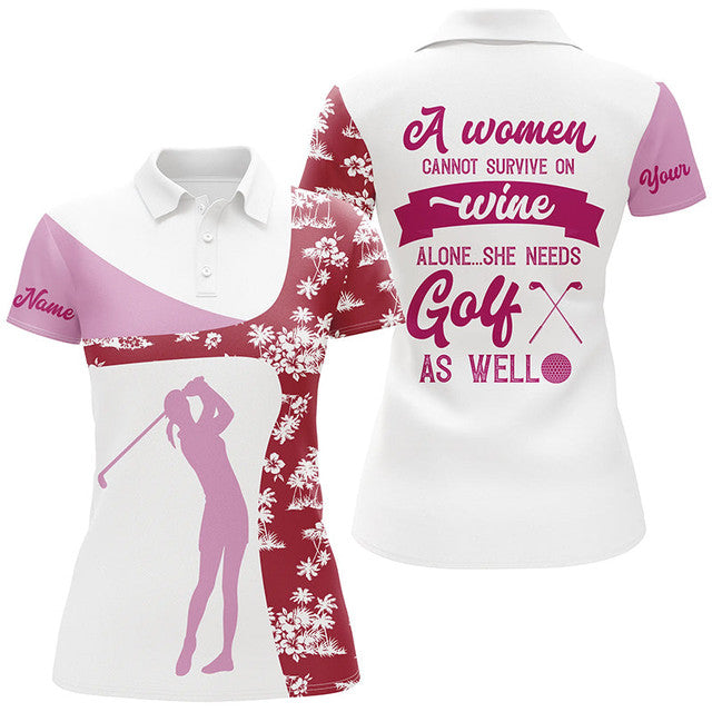 Custom Wine and Golf Tropical Shirt Pink Red Drinking Tops Women's Polo Shirts S-5XL