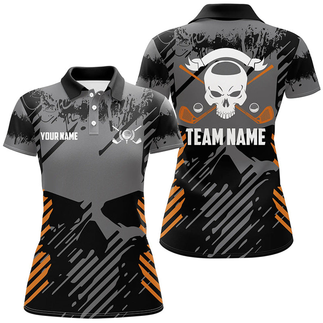 Custom Grey Grunge Orange Skull Golf Shirt Scary Gift For Women's Polo Shirts S-5XL