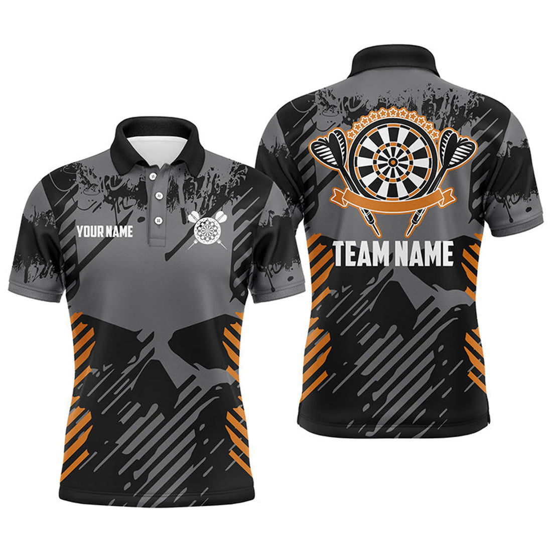 Grey Grunge Orange Skull Darts Men's Polo Shirt S-5XL