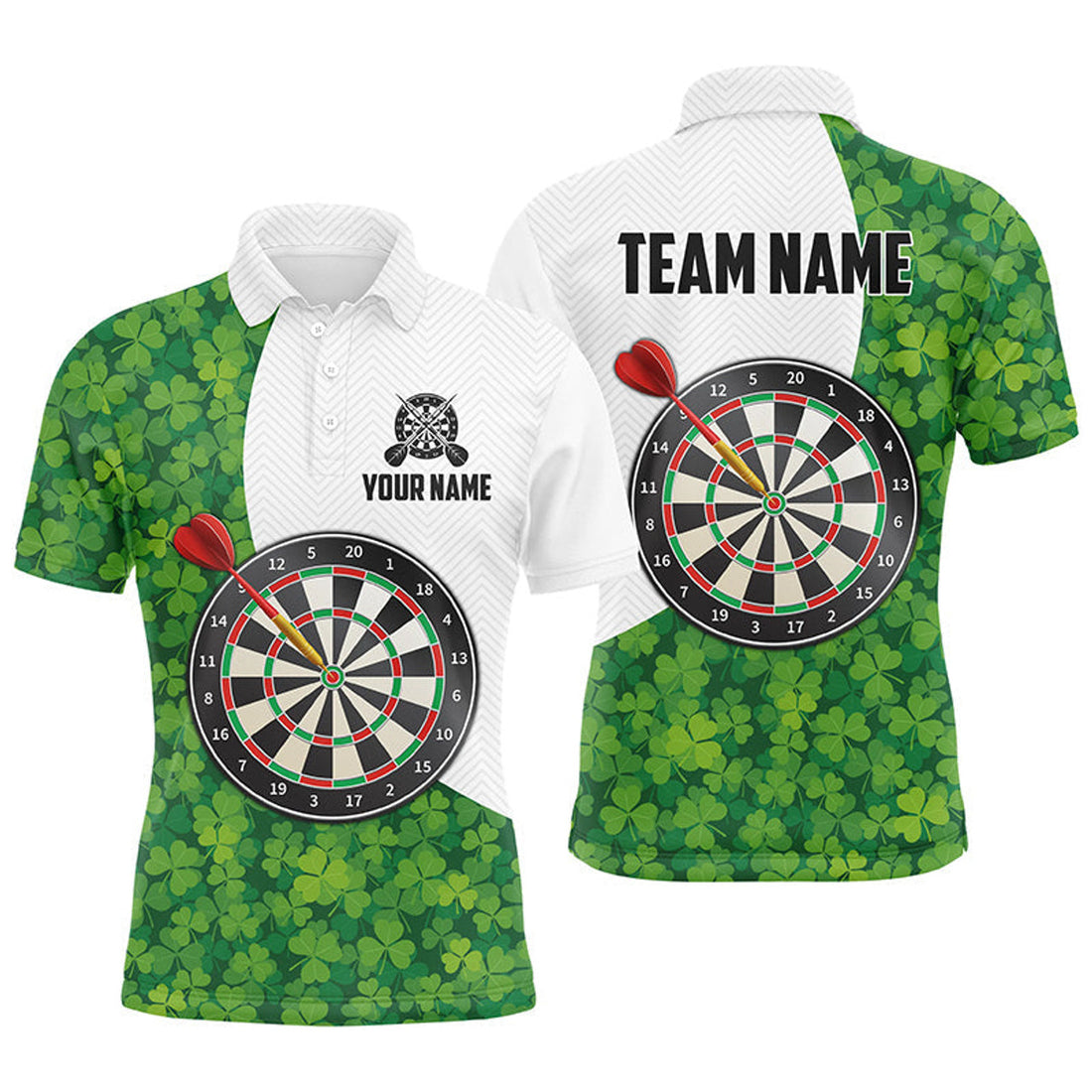 Custom St Patrick Day Green Clover Leaf Darts Jersey Men's Polo Shirt S-5XL