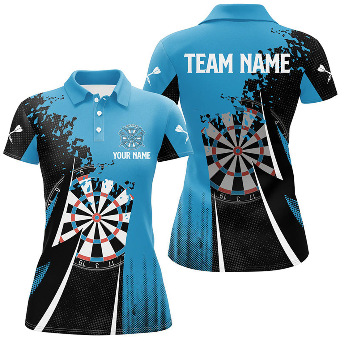 Custom Name Black Blue Cool Darts Design Shirt for Women's Polo Shirts S-5XL