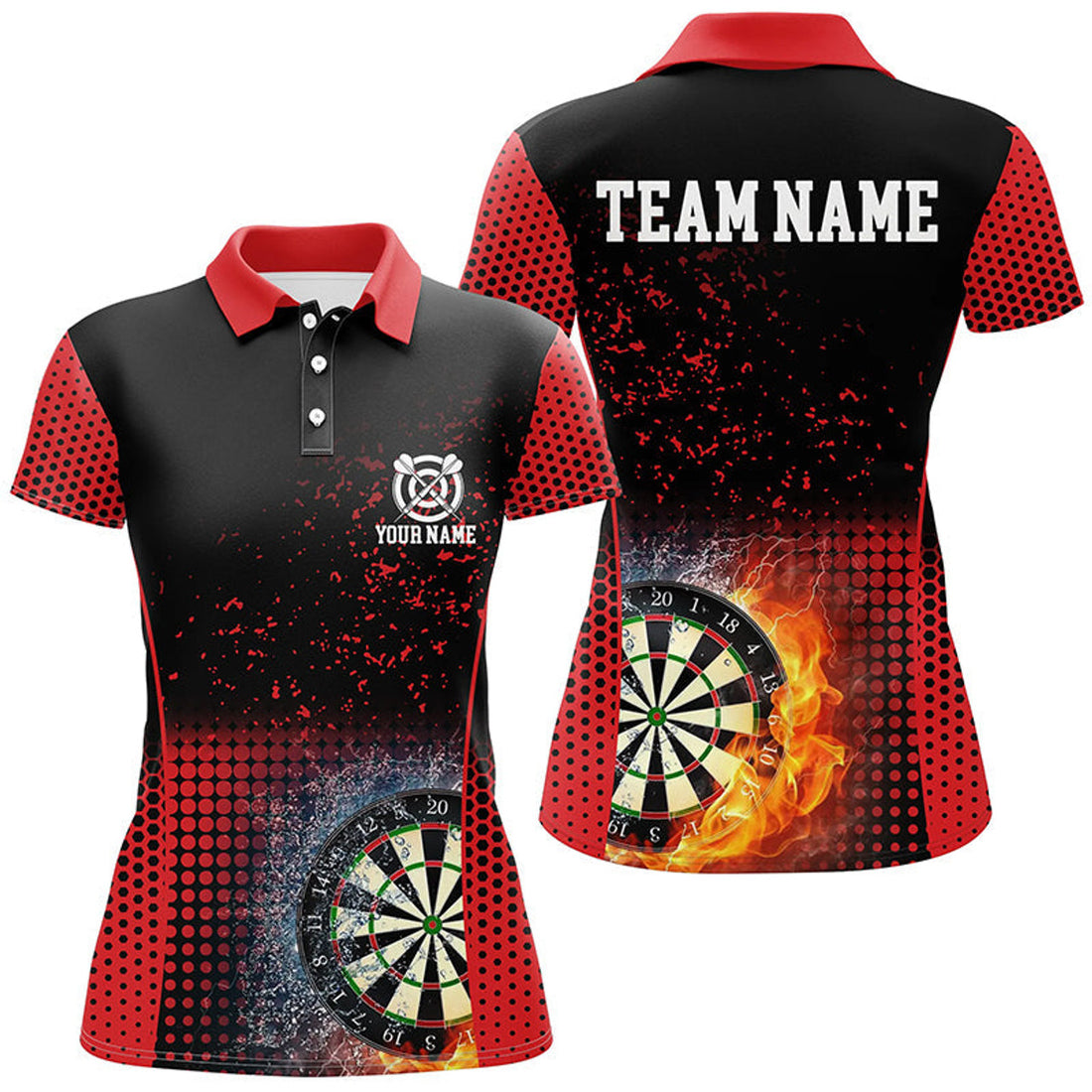 Custom Red Black Darts Fire and Water for Dart Players Women's Polo Shirt S-5XL