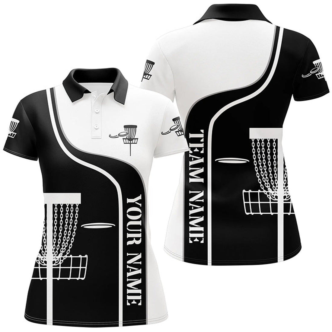 Custom Name Black White Disc Golf Basket Design Women's Polo Shirts S-5XL