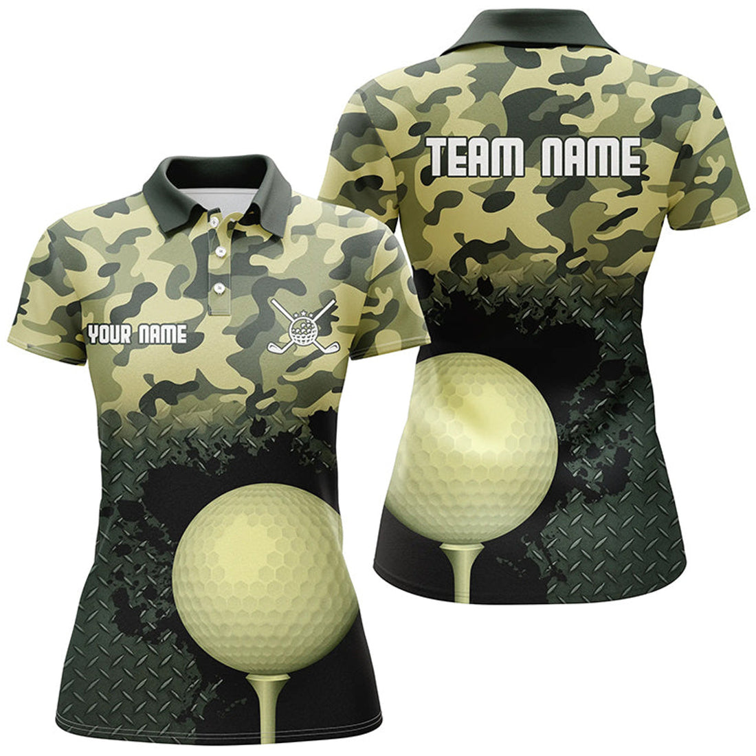 Custom Green Camo Golf Customized Camouflage Golf Women's Polo Shirts S-5XL