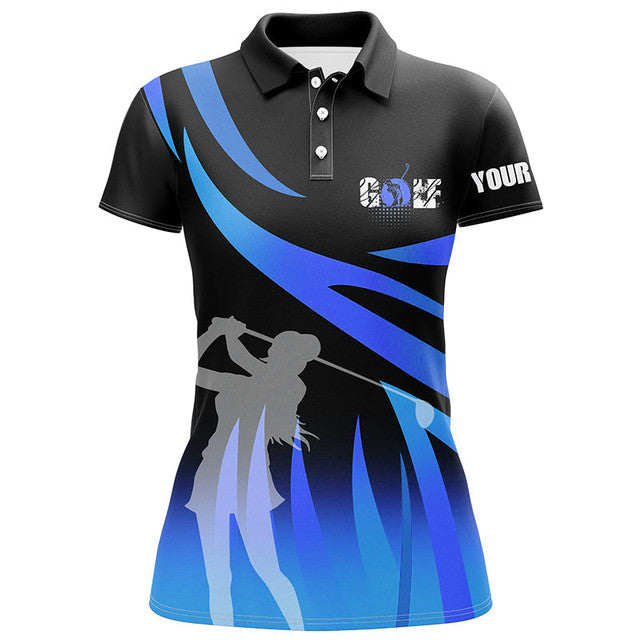 Custom Black Blue Flame Golf Shirt Personalized Cool Outfit Women's Polo Shirts S-5XL