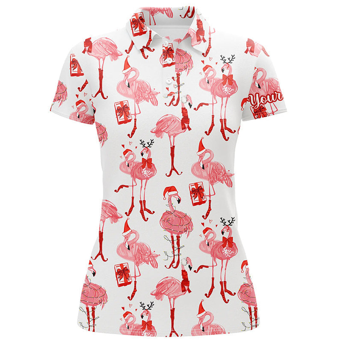 Custom Tropical Winter Flamingos Christmas Golf Design Women's Polo Shirts S-5XL