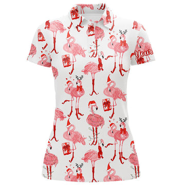 Custom Tropical Winter Flamingos Christmas Golf Design Women's Polo Shirts S-5XL