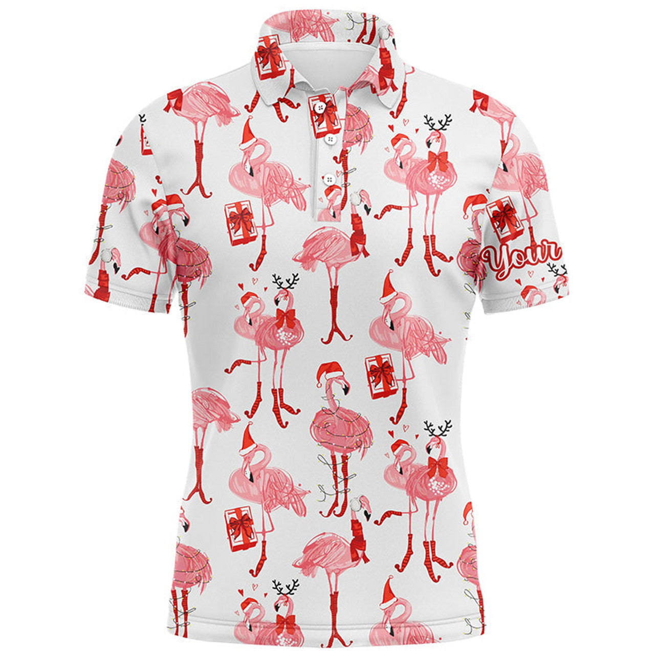 Tropical Winter Watercolor Flamingos Golf Christmas Mens Polo Shirt S-5XL
