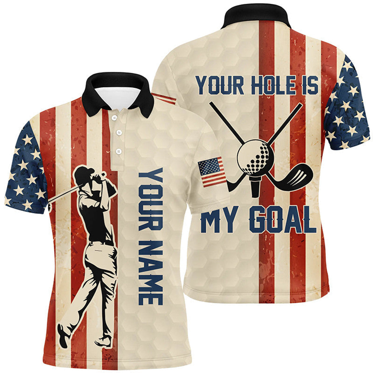 Patriotic Golf Shirt Vintage Flag Your Hole Is My Goal Men's Polo Shirt S-5XL