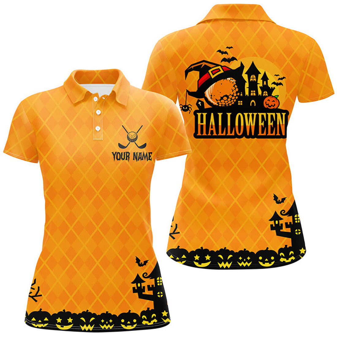 Custom Halloween Pumpkin Argyle Golf Polo Shirts Women's Polo Shirts S-5XL