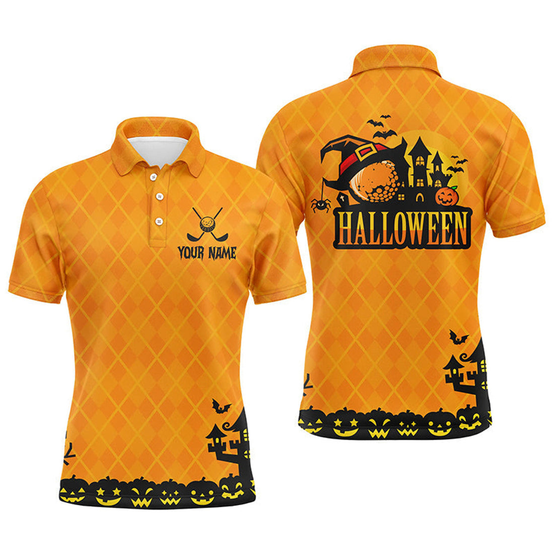 Halloween Pumpkin Orange Argyle Funny Golf Gifts Men's Polo Shirt S-5XL
