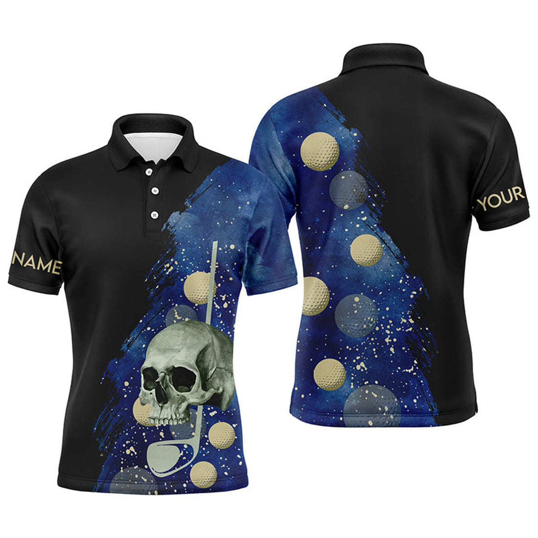 Custom Watercolor Golf Skull Black Blue Men's Polo Shirt S-5XL