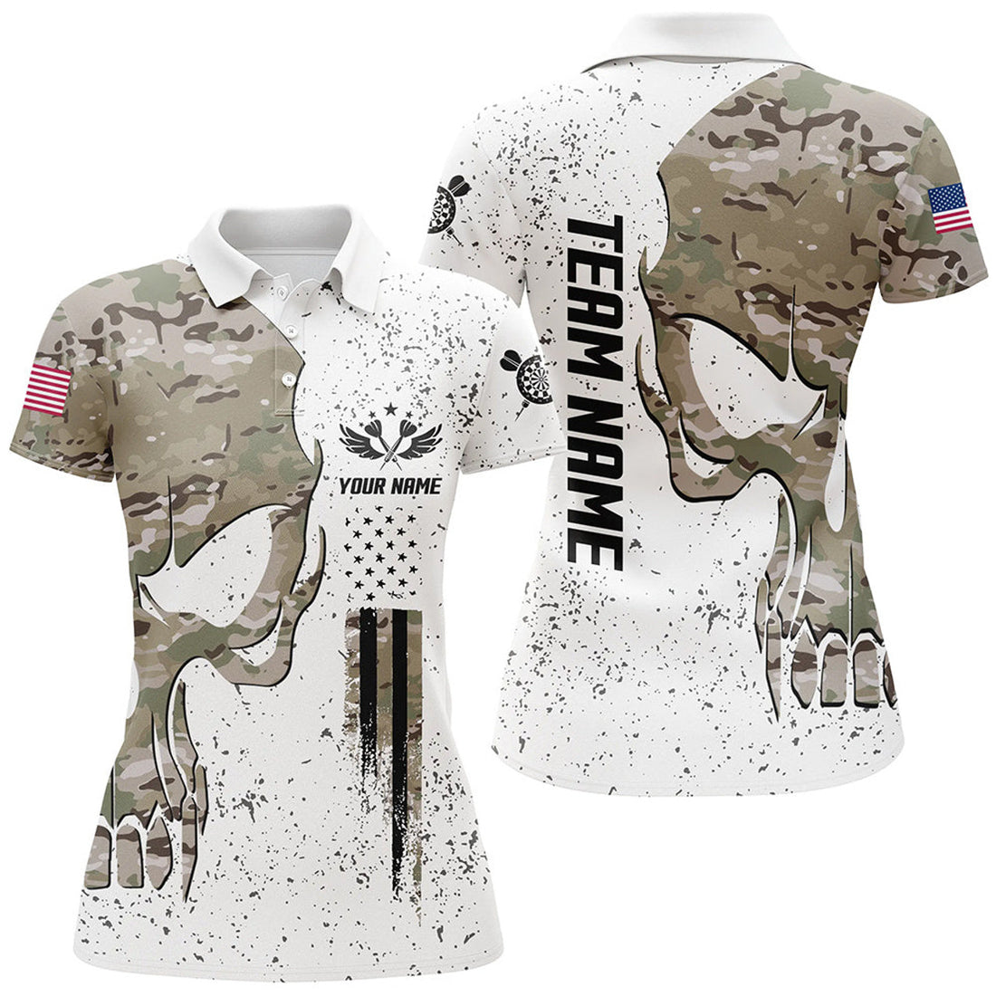 Custom Grunge Camo Skull American Flag Dart Patriotic Women's Polo Shirts S-5XL