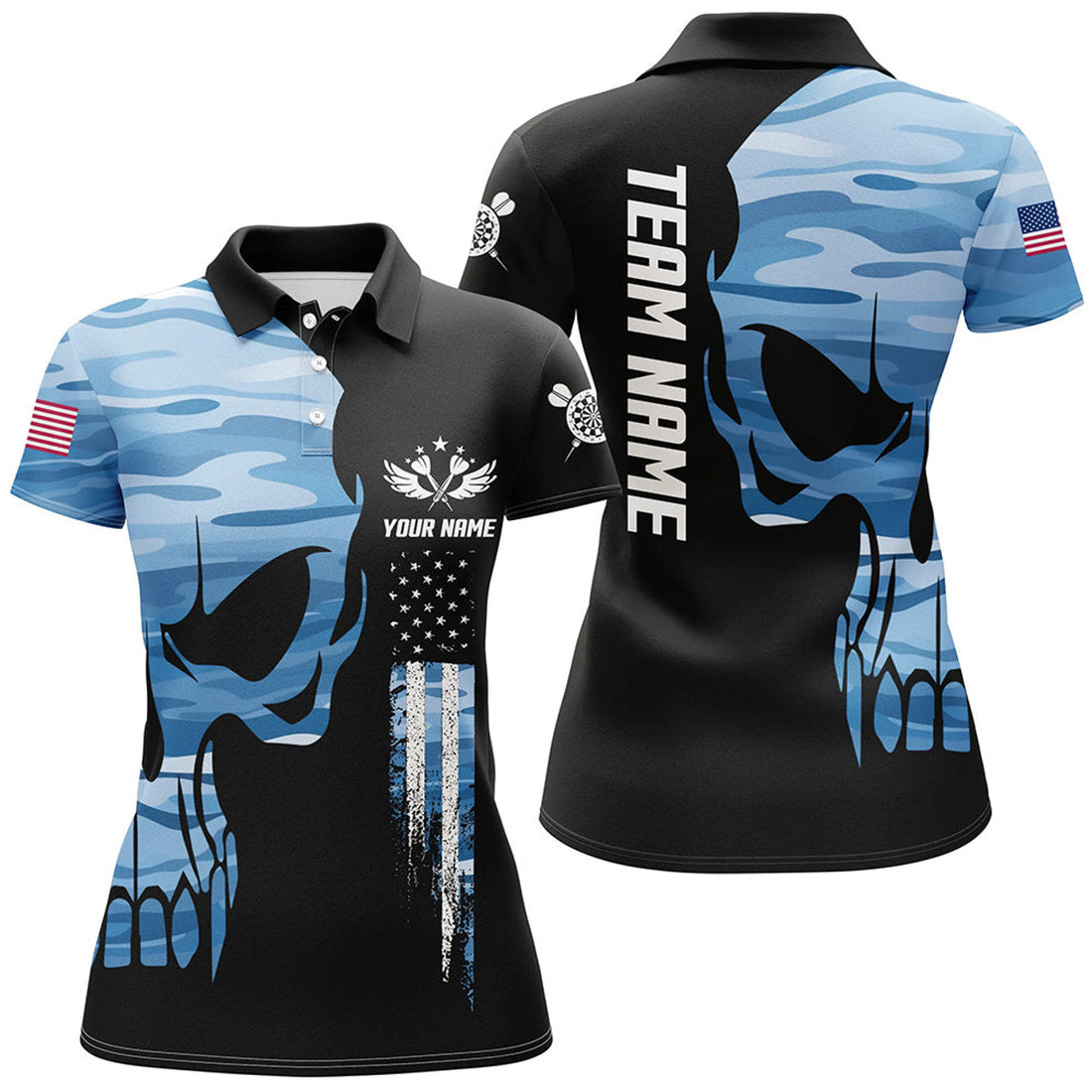 Custom Blue Camo Skull American Flag Dart for Women's Polo Shirts S-5XL