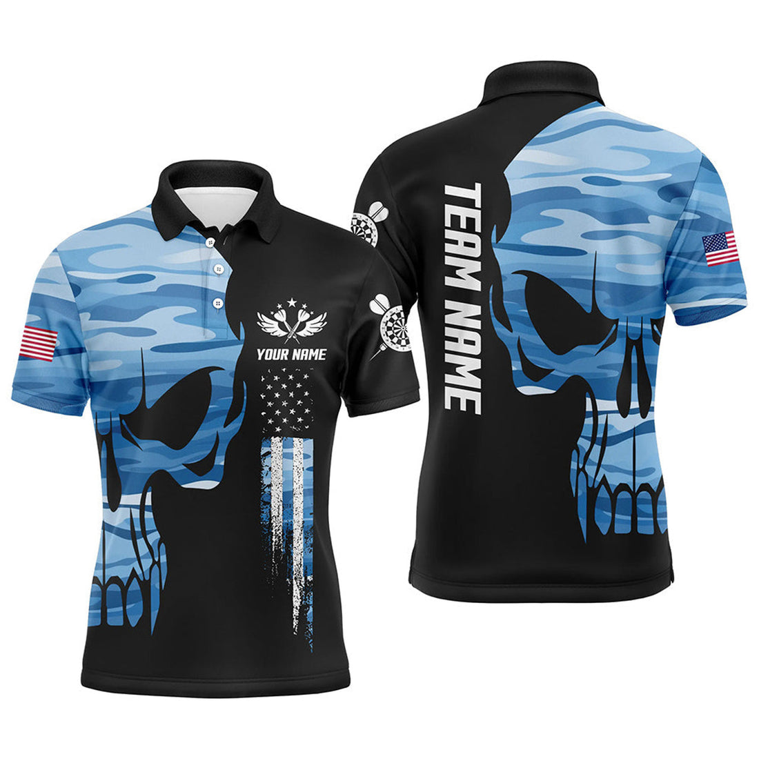 Custom Blue Camo Skull American Flag Dart Jersey Men's Polo Shirt S-5XL