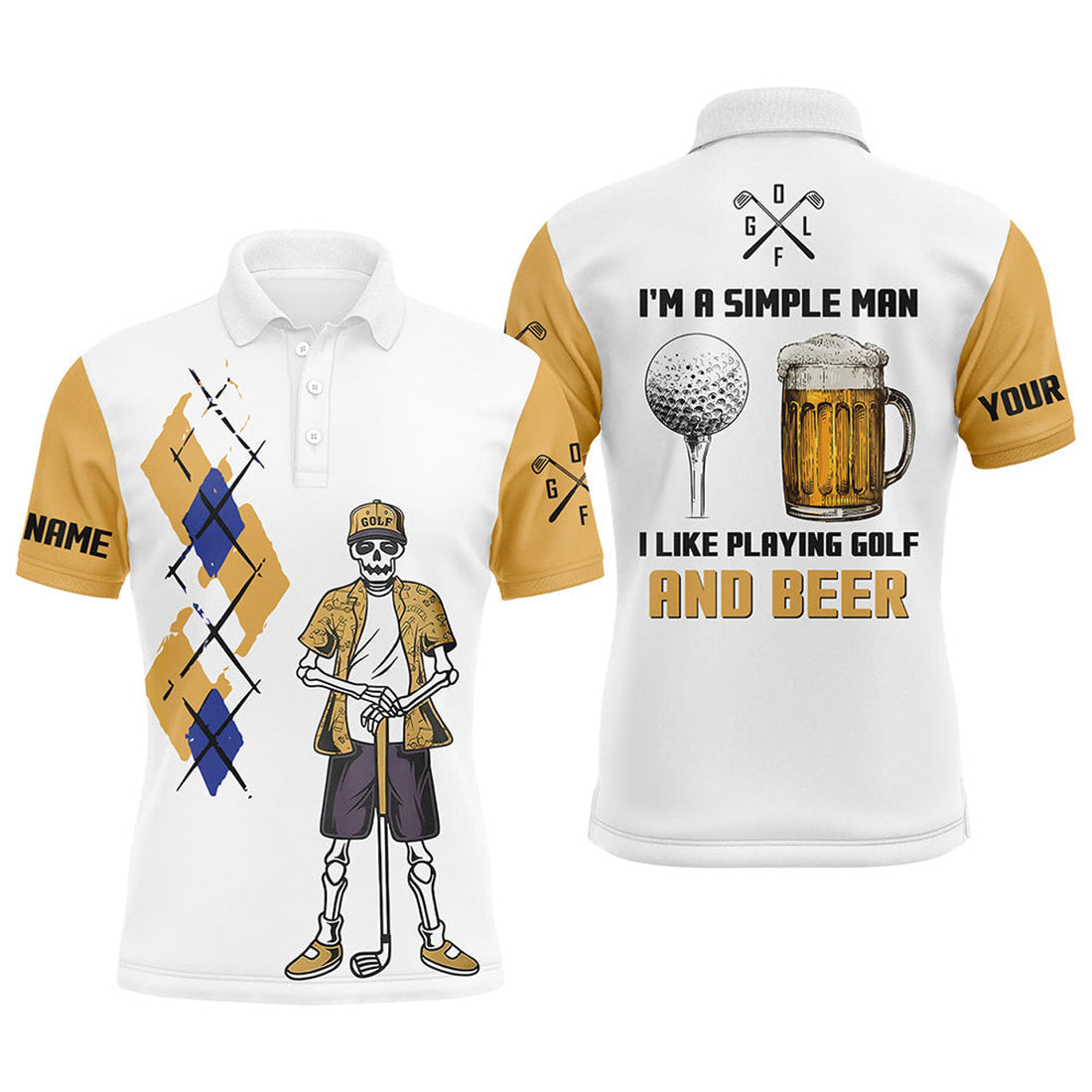 Custom Simple Man Skull Beer Argyle Golf Polo Shirt Men's Polo Shirt S-5XL