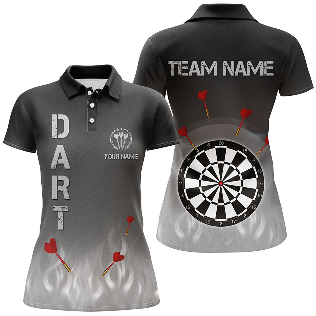 Custom Gradient Black Grey Fire Flame Cool Darts Design Women's Polo Shirts S-5XL