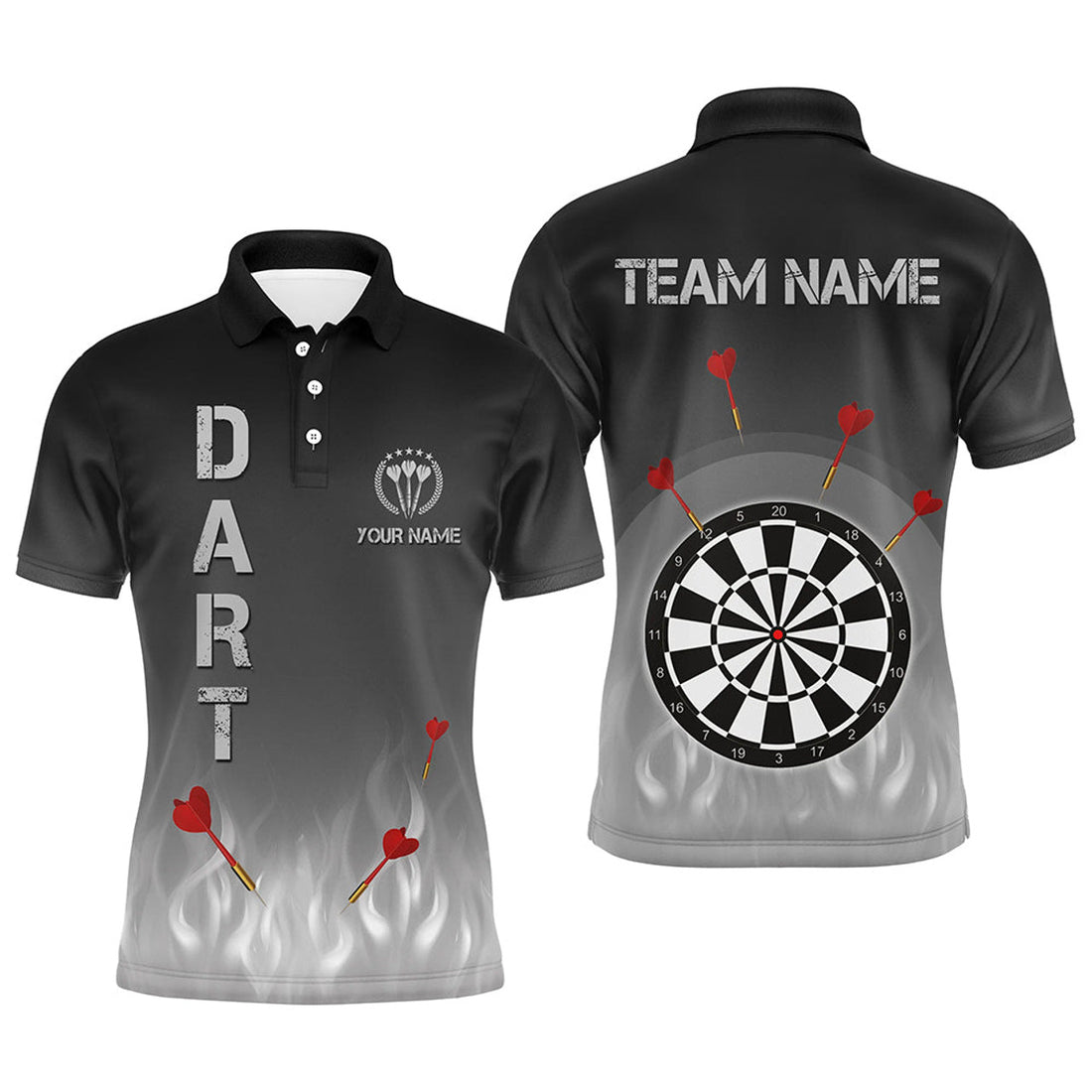 Custom Gradient Black Grey Fire Flame Darts Men's Polo Shirt S-5XL