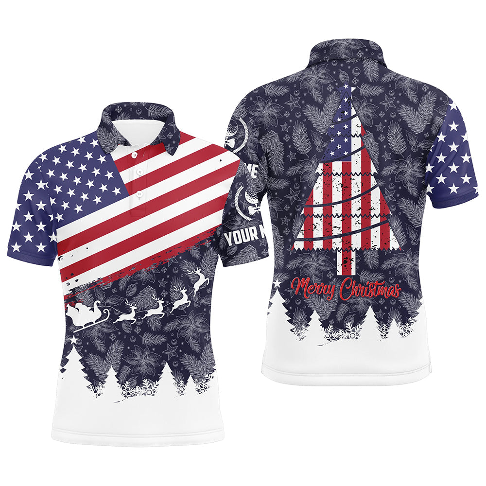 Merry Christmas USA Flag Custom Patriotic Golf Men's Polo Shirt Size S-5XL