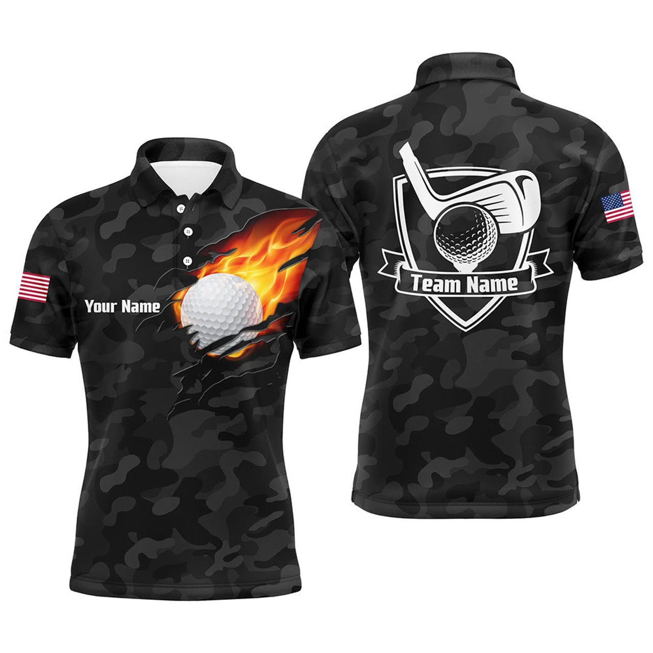Custom Black Camo Fire Golf Shirt American Flag Design Men's Polo Shirt S-5XL