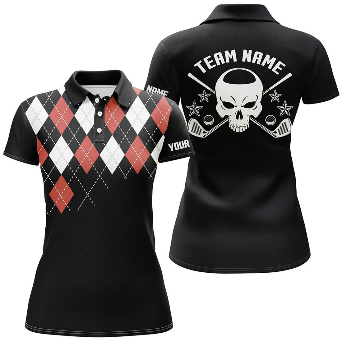 Custom Red Argyle Pattern Golf Skull Golf Shirts Women's Polo Shirts S-5XL