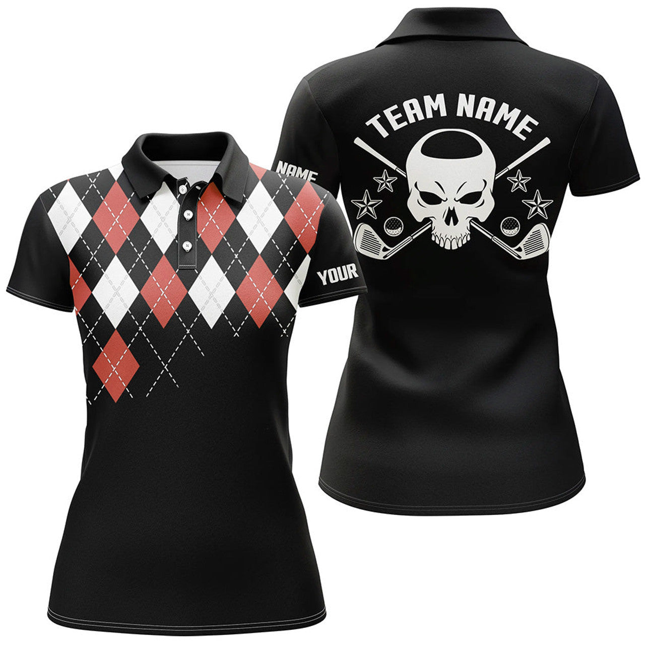 Custom Red Argyle Pattern Golf Skull Golf Shirts Women's Polo Shirts S-5XL