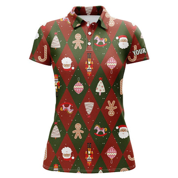 Custom Christmas Argyle Golf Shirt Red Green Icons Women's Polo Shirts S-5XL