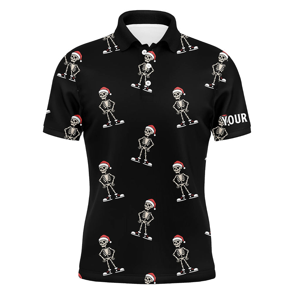 Cartoon Skeleton Santa Hat Christmas Golf Black Skull Mens Polo Shirt S-5XL