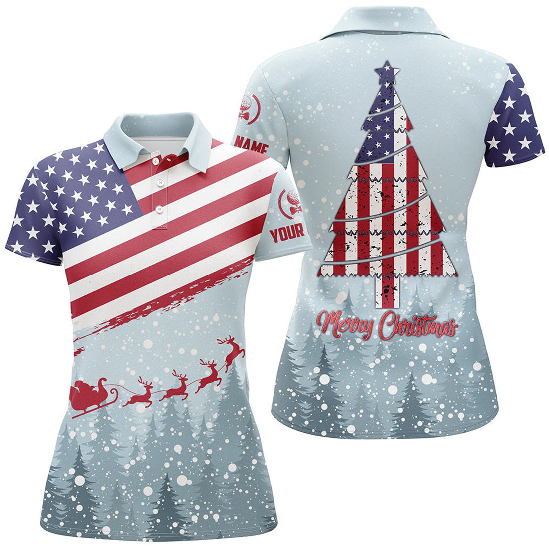 Custom Merry Christmas USA Flag Winter Forest Golf Women's Polo Shirts S-5XL