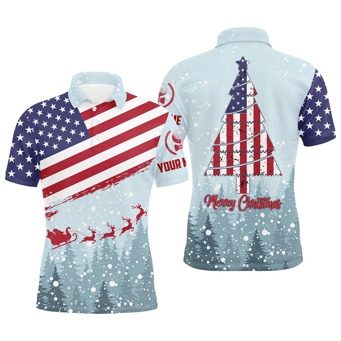 Custom Merry Christmas USA Flag Golf Men's Polo Shirt S-5XL