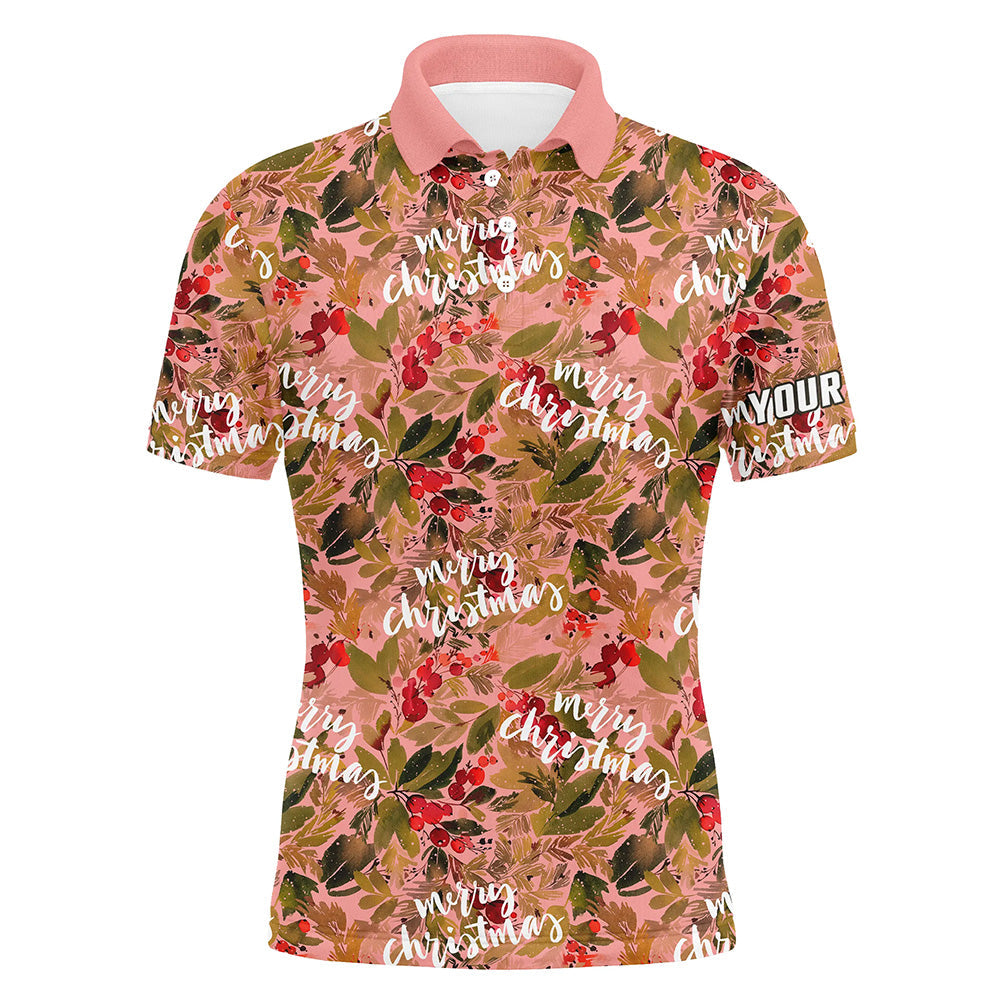 Watercolor Merry Christmas Pink Golf Polo Custom Gift Mens Polo Shirt S-5XL
